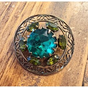 Vintage West Germany Green Rhinestone Brooch Gold Tone Filigree WE Germany